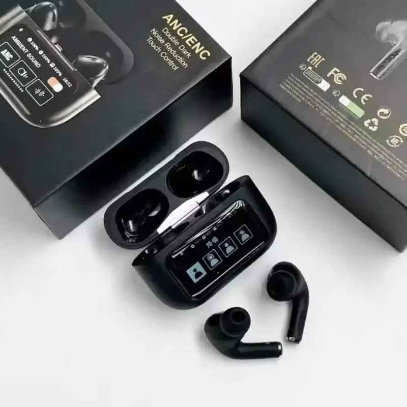 Black A9 Pro ANC Bluetooth 5.4 Wireless Earbuds with Smart Screen and Active Noise Cancellation Zmhud