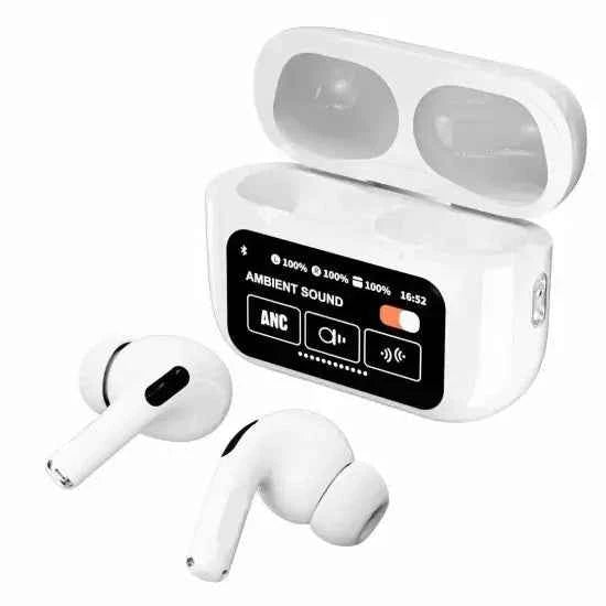 White A9 Pro ANC Bluetooth 5.4 Wireless Earbuds with Smart Screen and Active Noise Cancellation Zmhud
