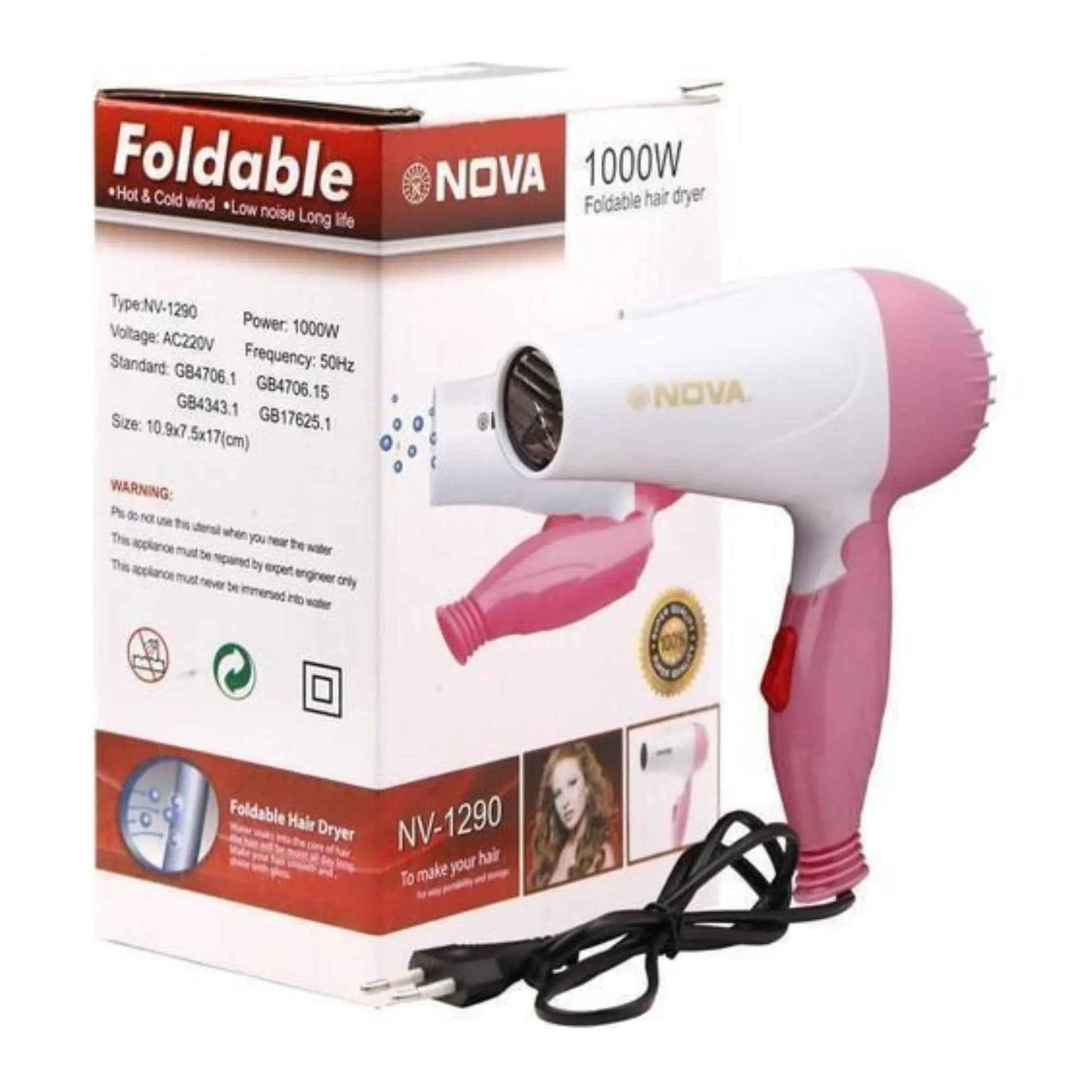 Nova NV-1290 Foldable Hair Dryer | 1000W Hot Air Styling & Quick Drying Machine Zmhud