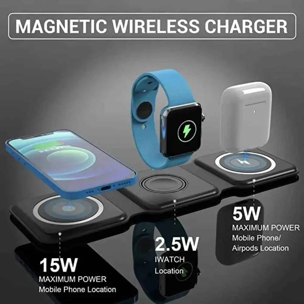 3-in-1 Foldable Magnetic Wireless Charger 15W Charging Station for iPhone Apple Watch and AirPods Zmhud