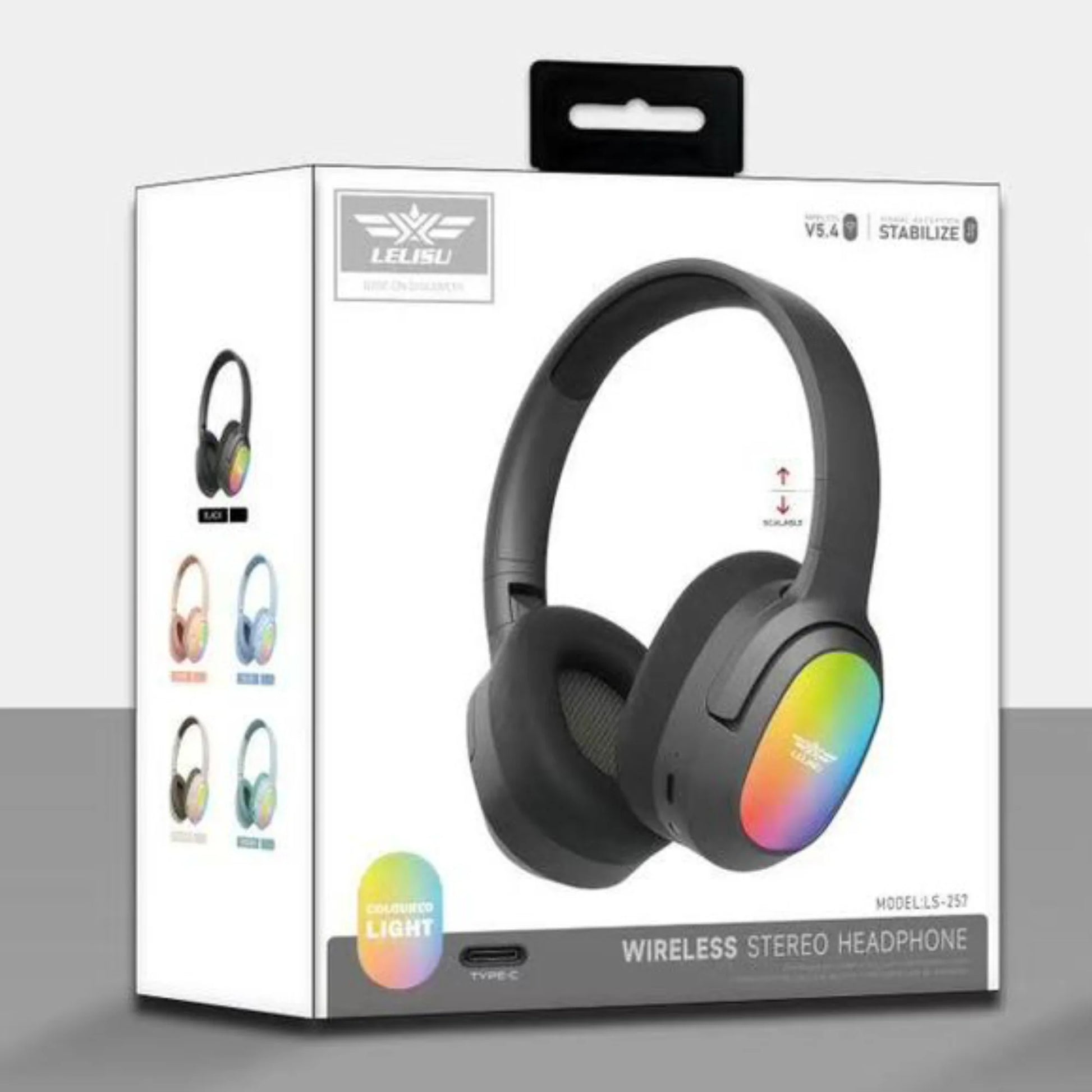 Lelisu LS-257 Wireless Stereo Headphones | Bluetooth 5.4 Over-Ear Headset with Type-C Charging & LED Lights Zmhud