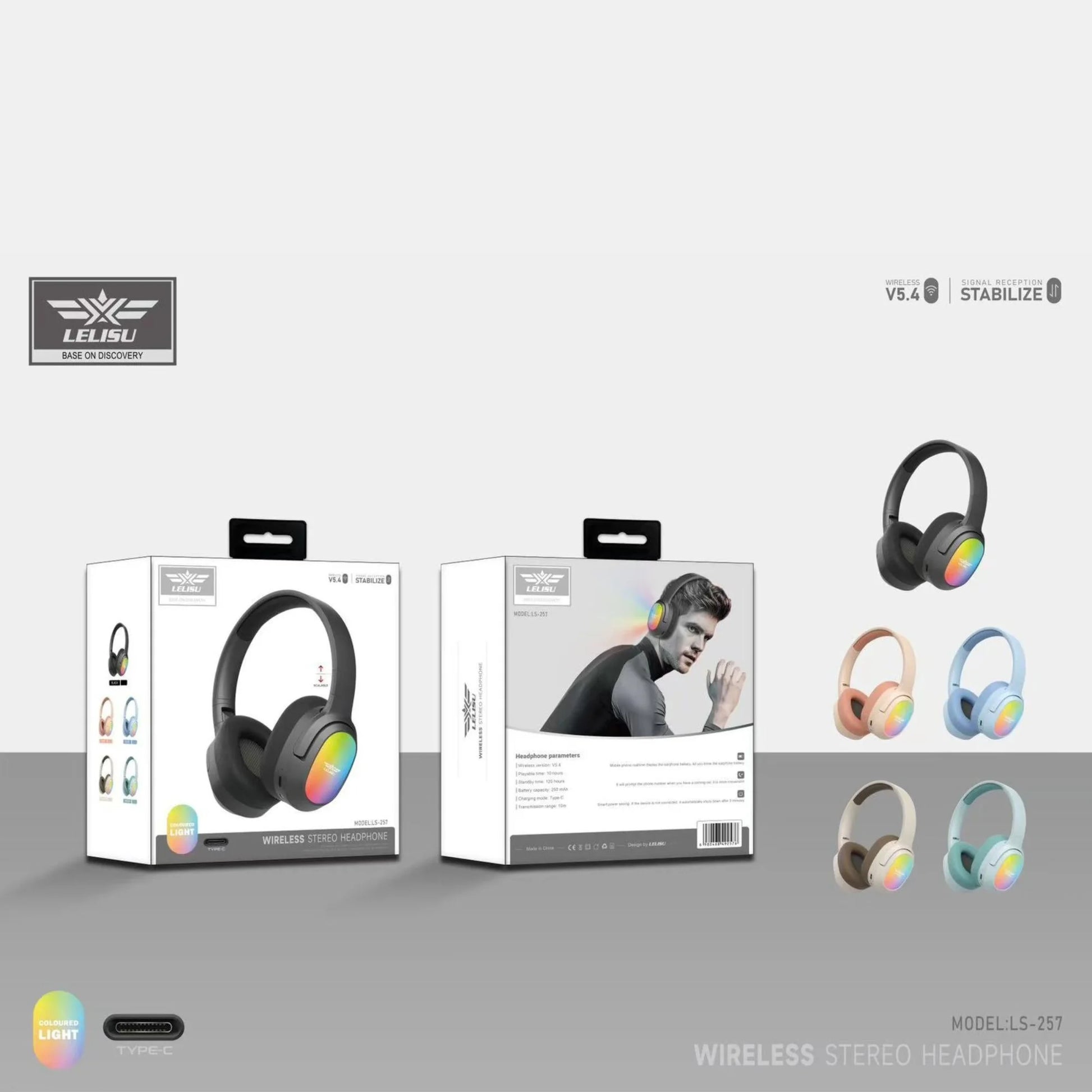 Lelisu LS-257 Wireless Stereo Headphones | Bluetooth 5.4 Over-Ear Headset with Type-C Charging & LED Lights Zmhud