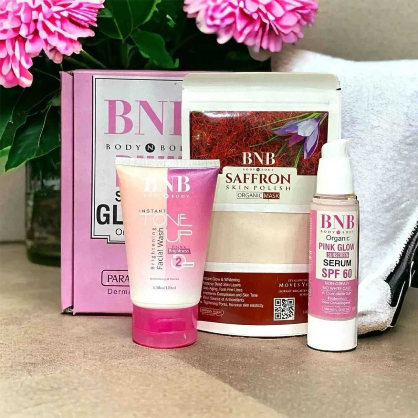 BNB Pink Face Glow Kit | 3-in-1 Skincare Wash Mask SPF Protection Set Zmhud